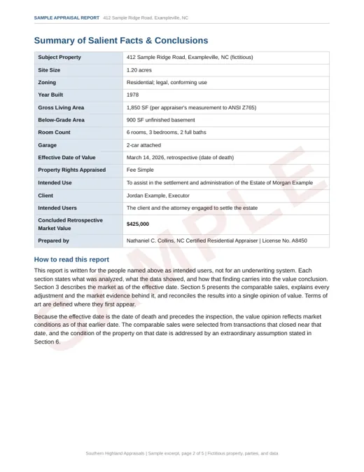Sample report page: summary of salient facts and a plain language guide to reading the report